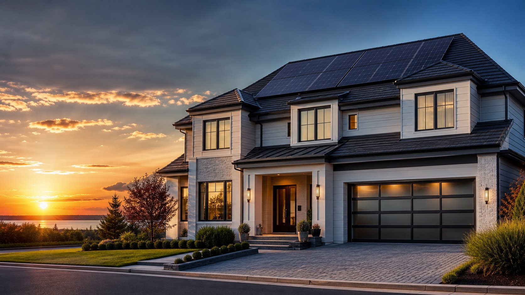 Modern home with solar panels installed on the roof